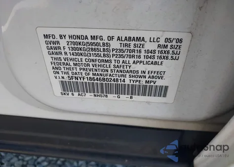 2006 Honda Pilot Ex-L z USA, uszkodzony, nr VIN 5FNYF18646B024814